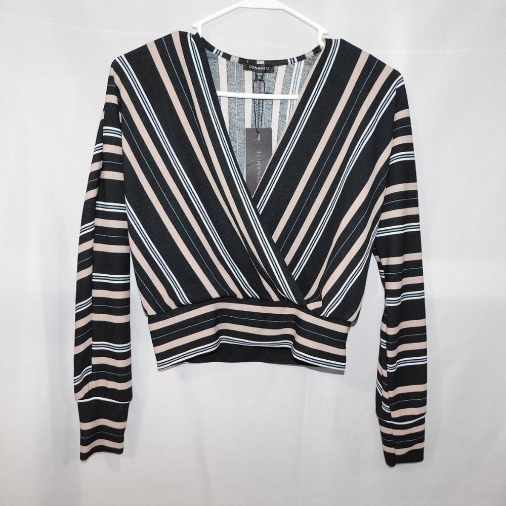 Dynamite Striped Black White Gray Wrap Long Sleeve Shirt Womens XS NEW